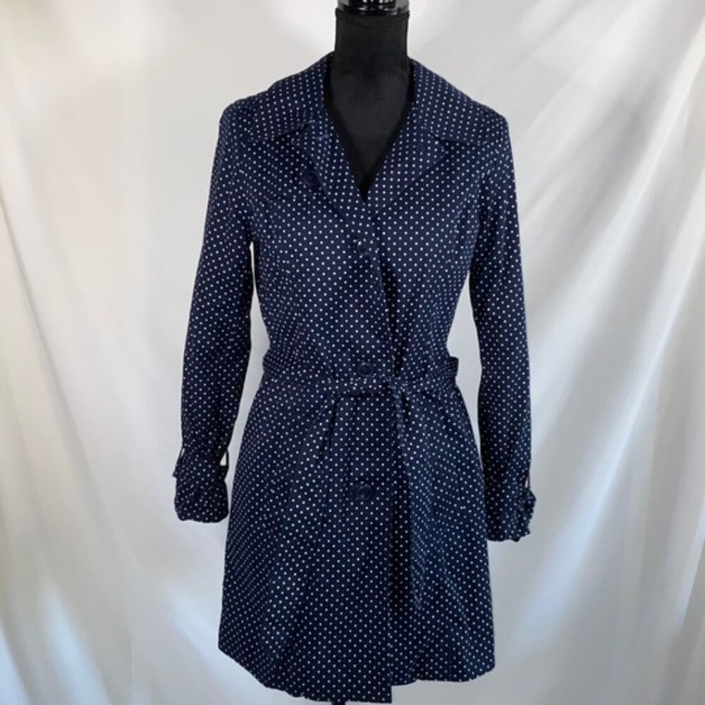 London Fog Navy Blue Polka Dot Single Breasted Trench Coat Small